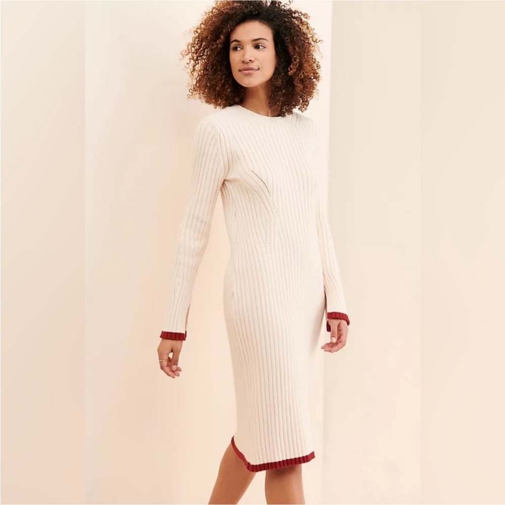 EN SAISON Cream Burgundy Ribbed Heavy knit Long Sleeve Sweater Midi Dress Sz M